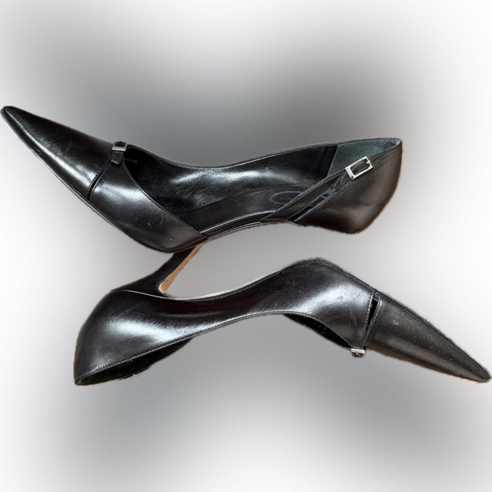 SERGIO ROSSI Vintage Y2K Black Leather Pointed Toe Heel Pump Buckle Detail 38.5